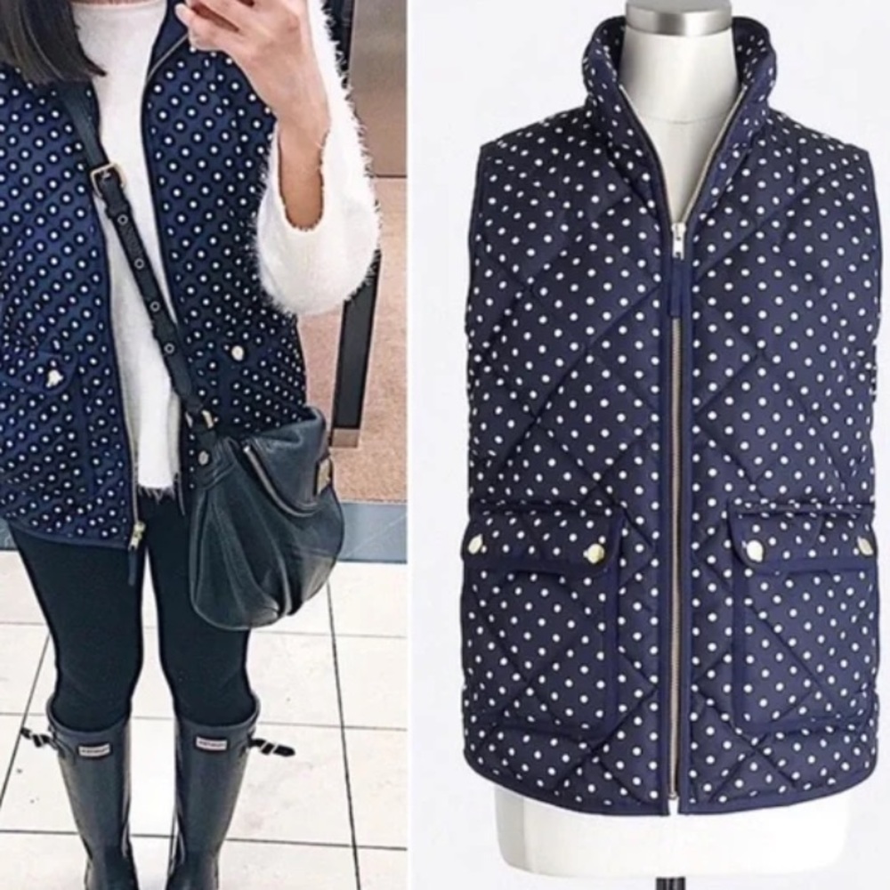 J. Crew Factory Navy White Preppy Nautical Polka-Dot Down Puffer Vest, Size XS